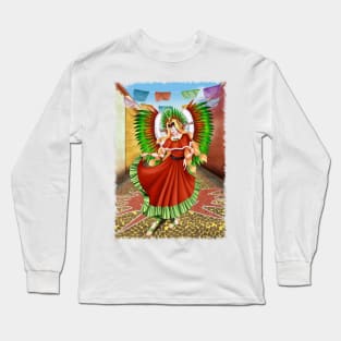 Christmas Quetzalcoatl Dress Rudos Mask Background Jagged Long Sleeve T-Shirt